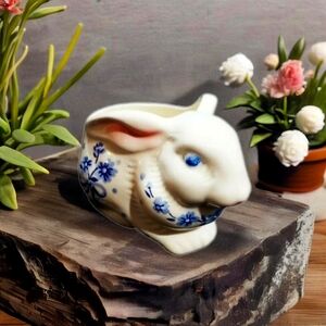 Enchanting Classic Blue and White Floral Bunny Planter for Garden or Home Decor